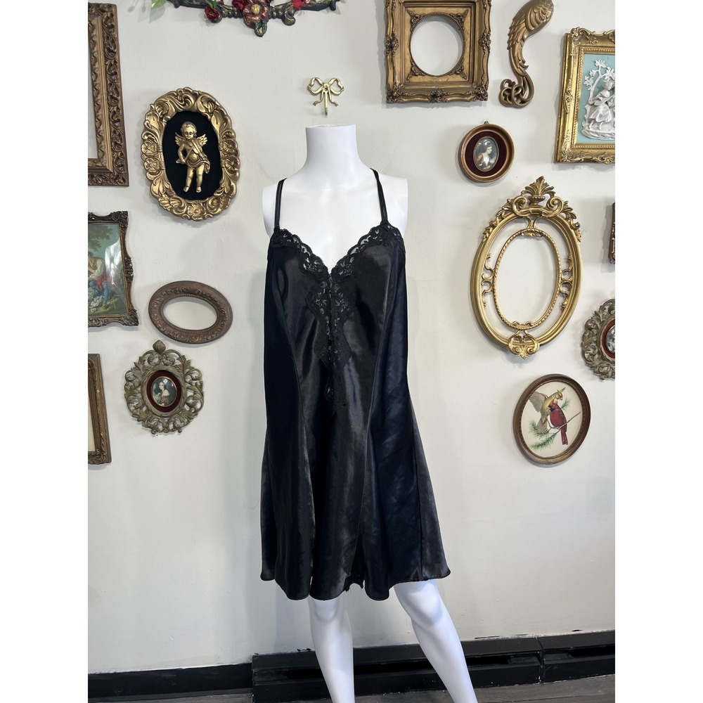 Solange Vintage Black Silk Satin Lace Trim Slip Chemise Size 18/20